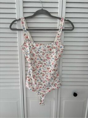 Windsor Ivory Floral Square Neck Bodysuit with Pink & Blue Blooms